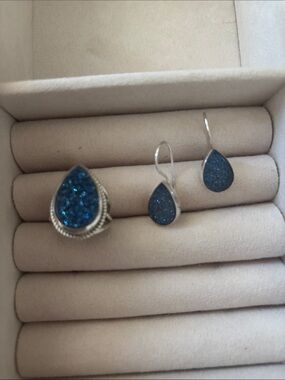 Himalayan Gems blue Druzy Drusy ring size 6 and earrings sterling silver
